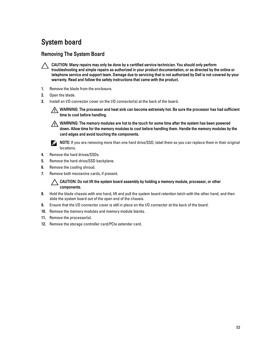 Dell M620 owner manual System board, Removing The System Board 