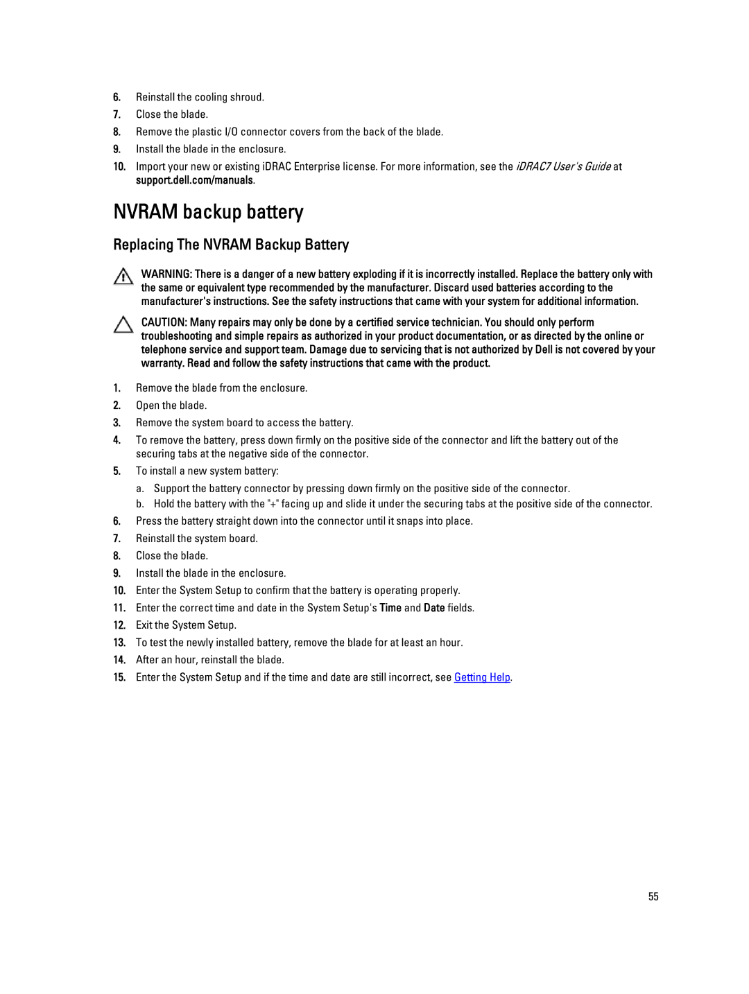 Dell M620 owner manual Nvram backup battery, Replacing The Nvram Backup Battery 