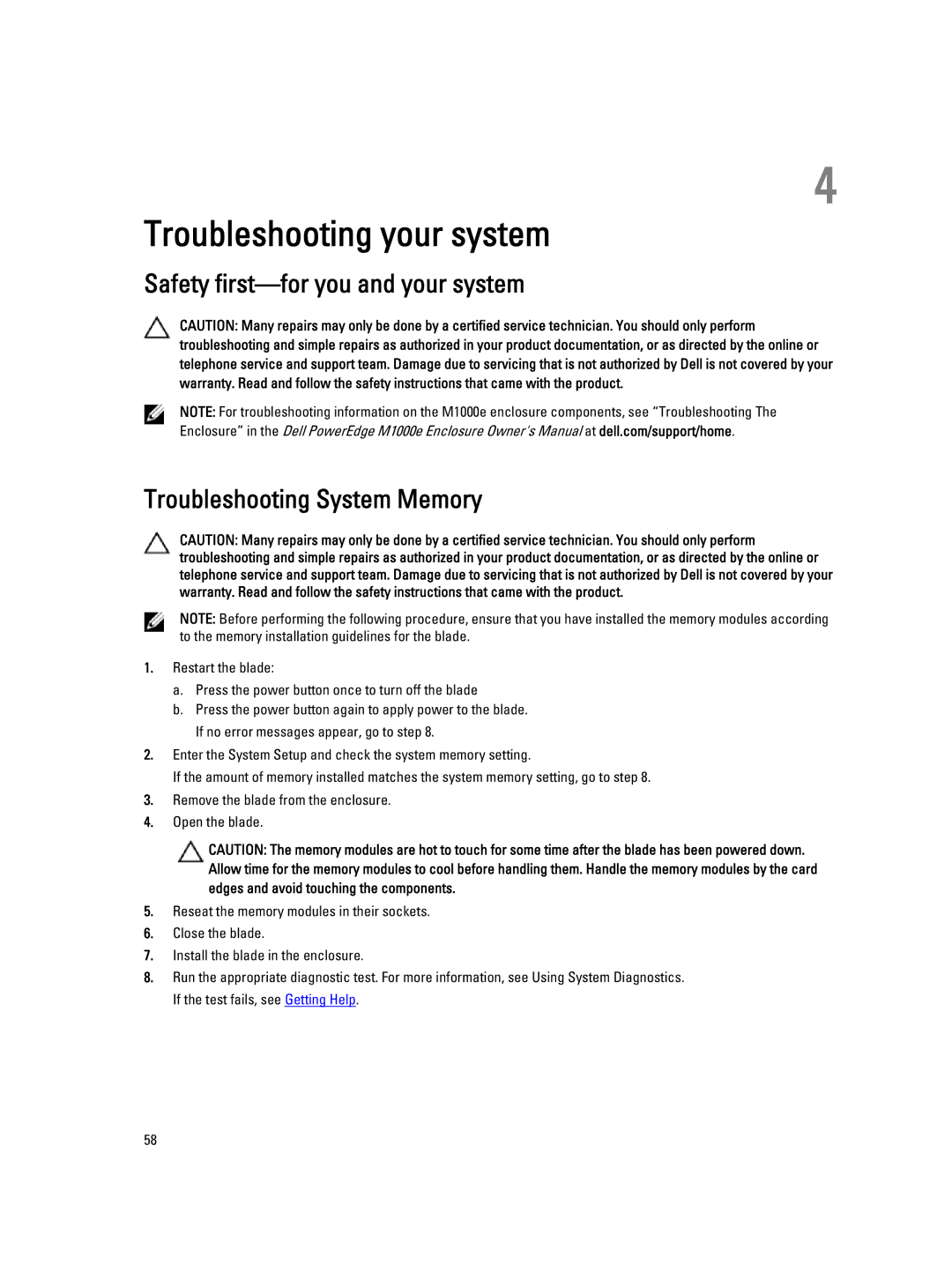 Dell M620 owner manual Troubleshooting your system 