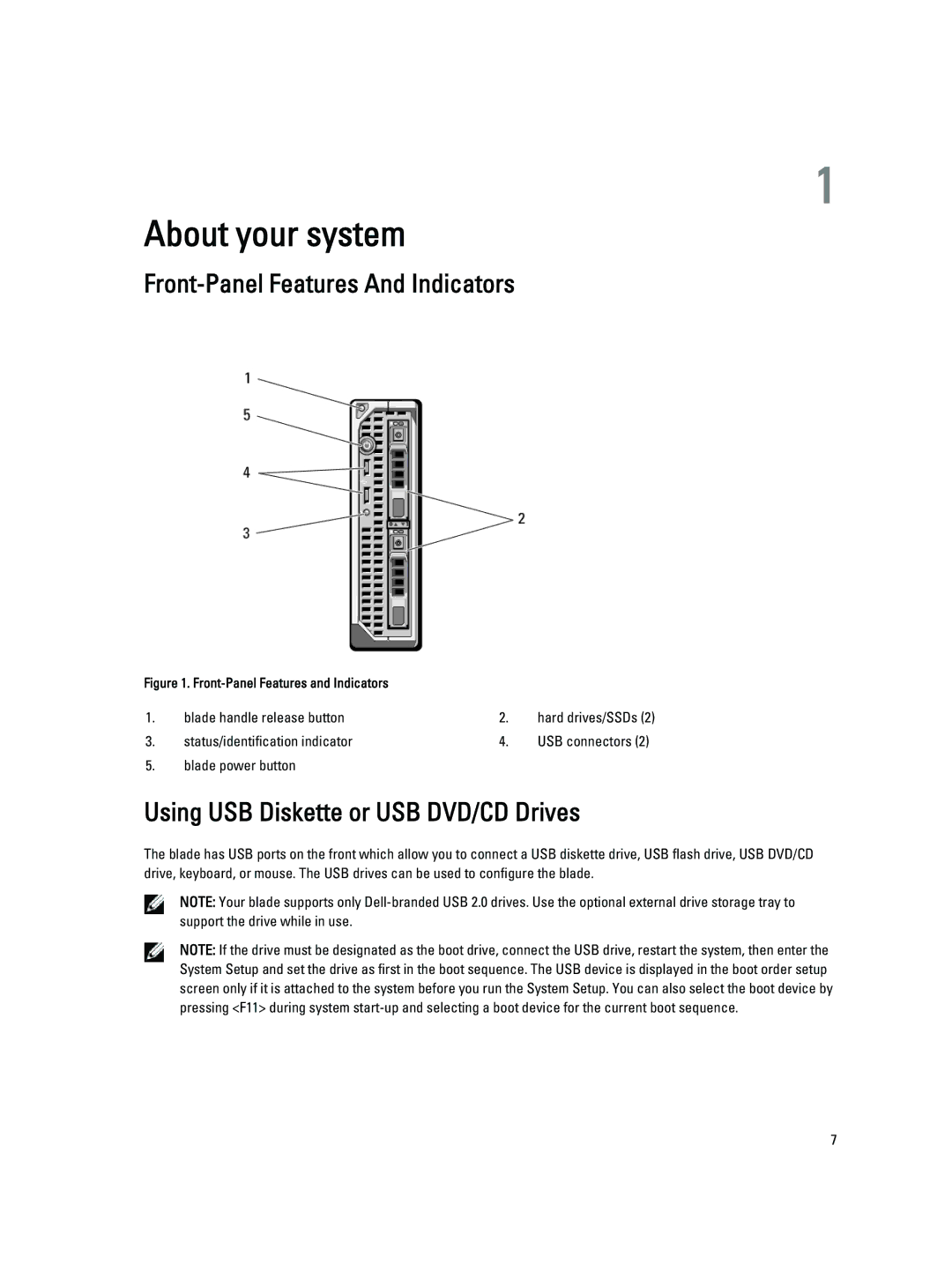 Dell M620 owner manual Front-Panel Features And Indicators, Using USB Diskette or USB DVD/CD Drives 