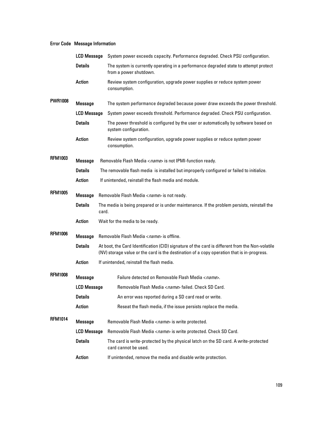 Dell M620 From a power shutdown, PWR1008 Message, System configuration, RFM1003 RFM1005 RFM1006 RFM1008 RFM1014 