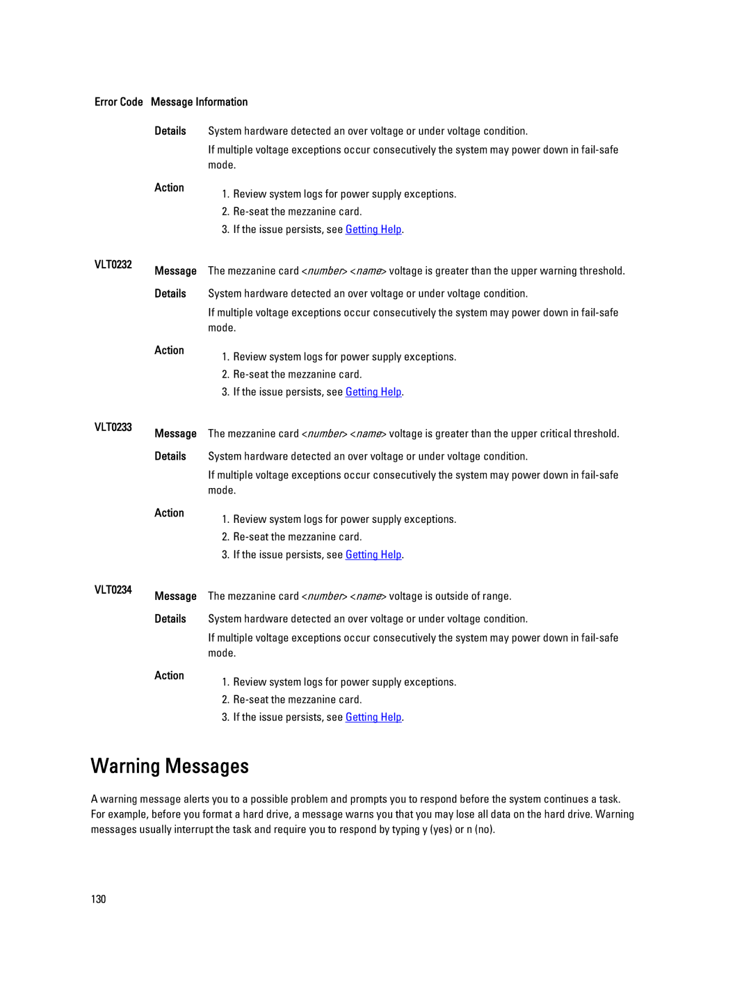 Dell M620 owner manual Mezzanine card number name voltage is outside of range 