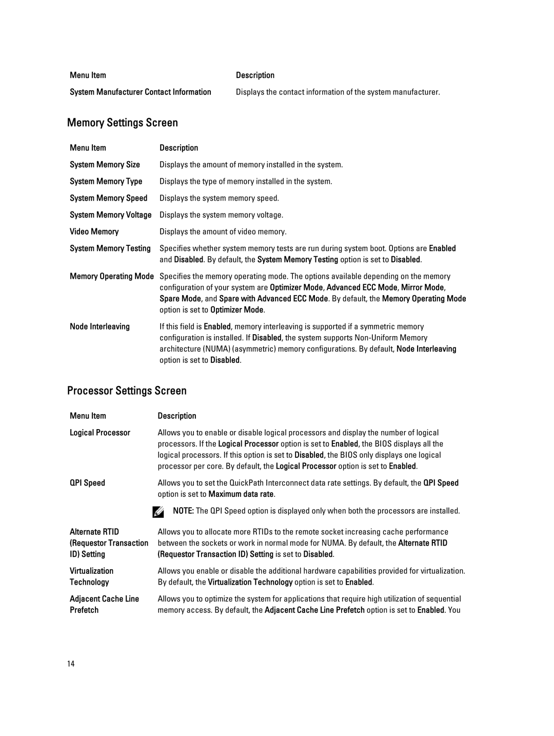 Dell M620 owner manual Memory Settings Screen, Processor Settings Screen 