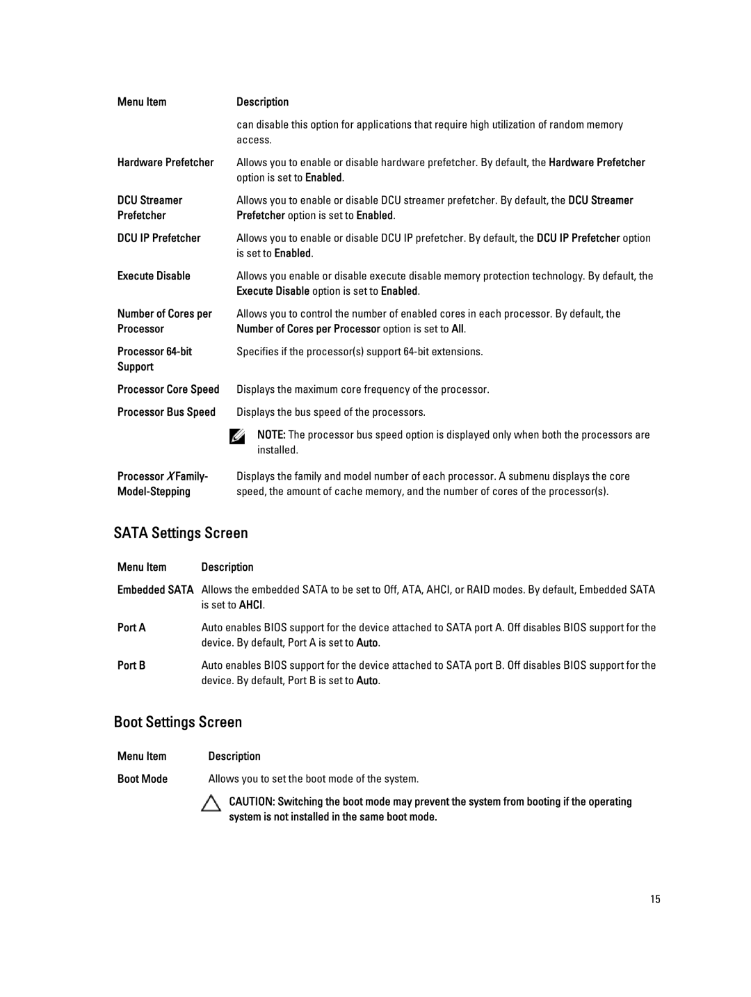 Dell M620 owner manual Sata Settings Screen, Boot Settings Screen 