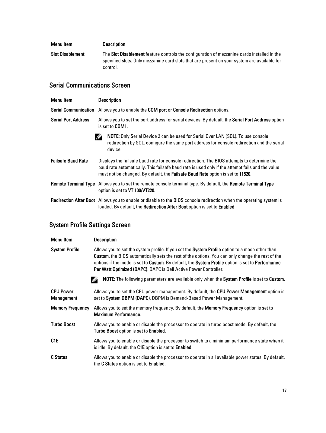 Dell M620 owner manual Serial Communications Screen, System Profile Settings Screen 