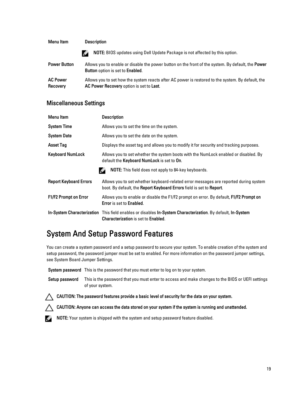 Dell M620 owner manual System And Setup Password Features, Miscellaneous Settings 