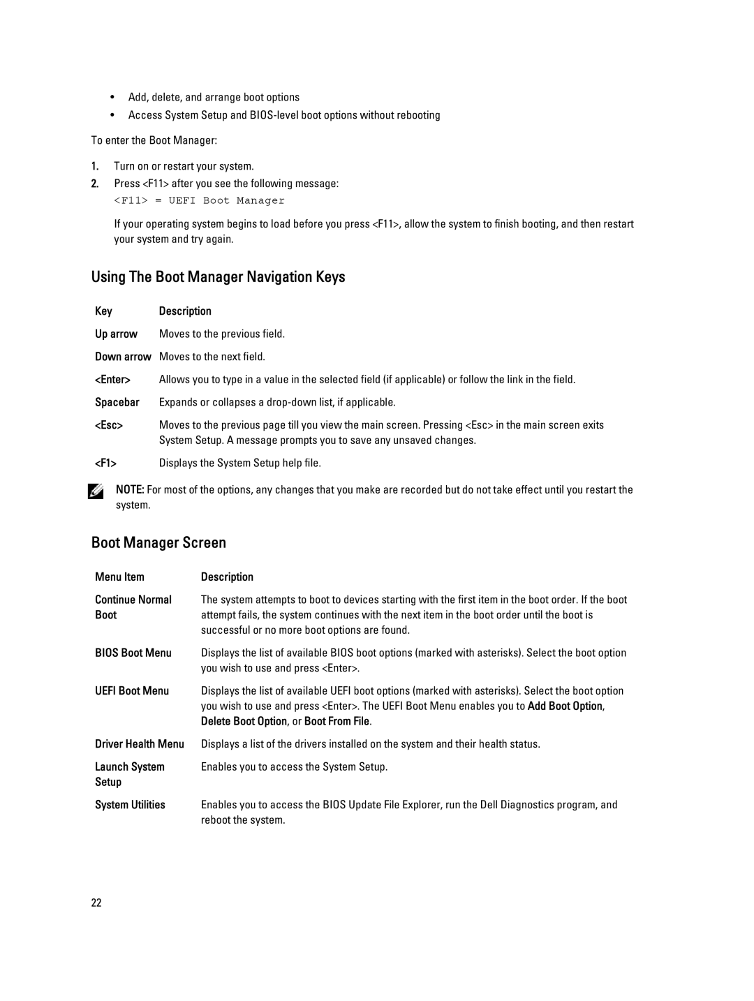 Dell M620 owner manual Using The Boot Manager Navigation Keys, Boot Manager Screen 