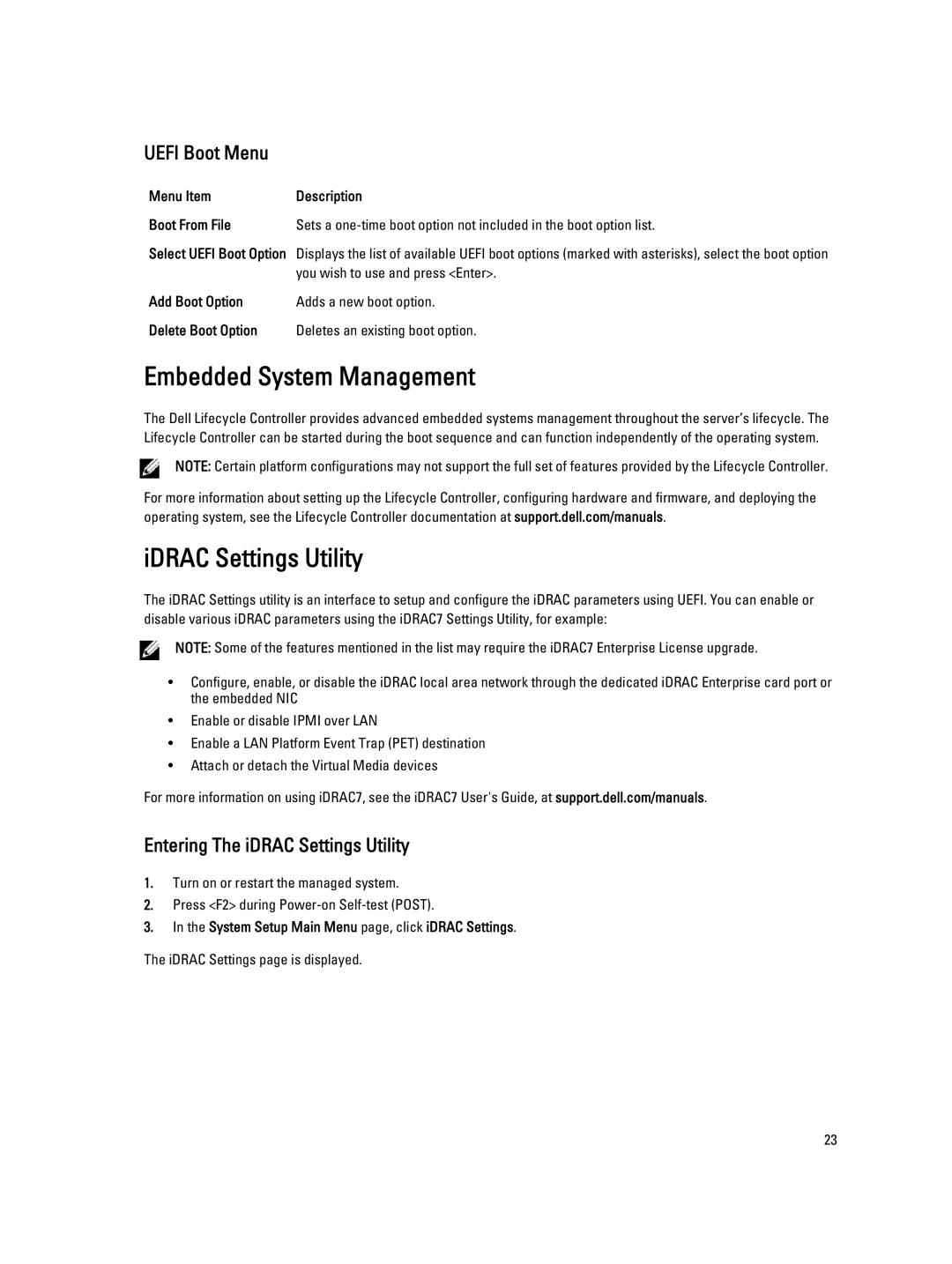 Dell M620 Embedded System Management, IDRAC Settings Utility, Uefi Boot Menu, Entering The iDRAC Settings Utility 