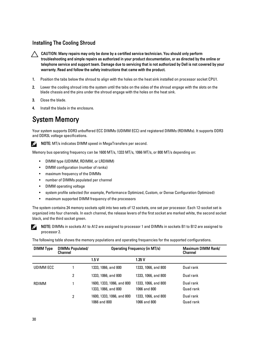 Dell M620 System Memory, Installing The Cooling Shroud, Dimm Type, Operating Frequency in MT/s Maximum Dimm Rank Channel 
