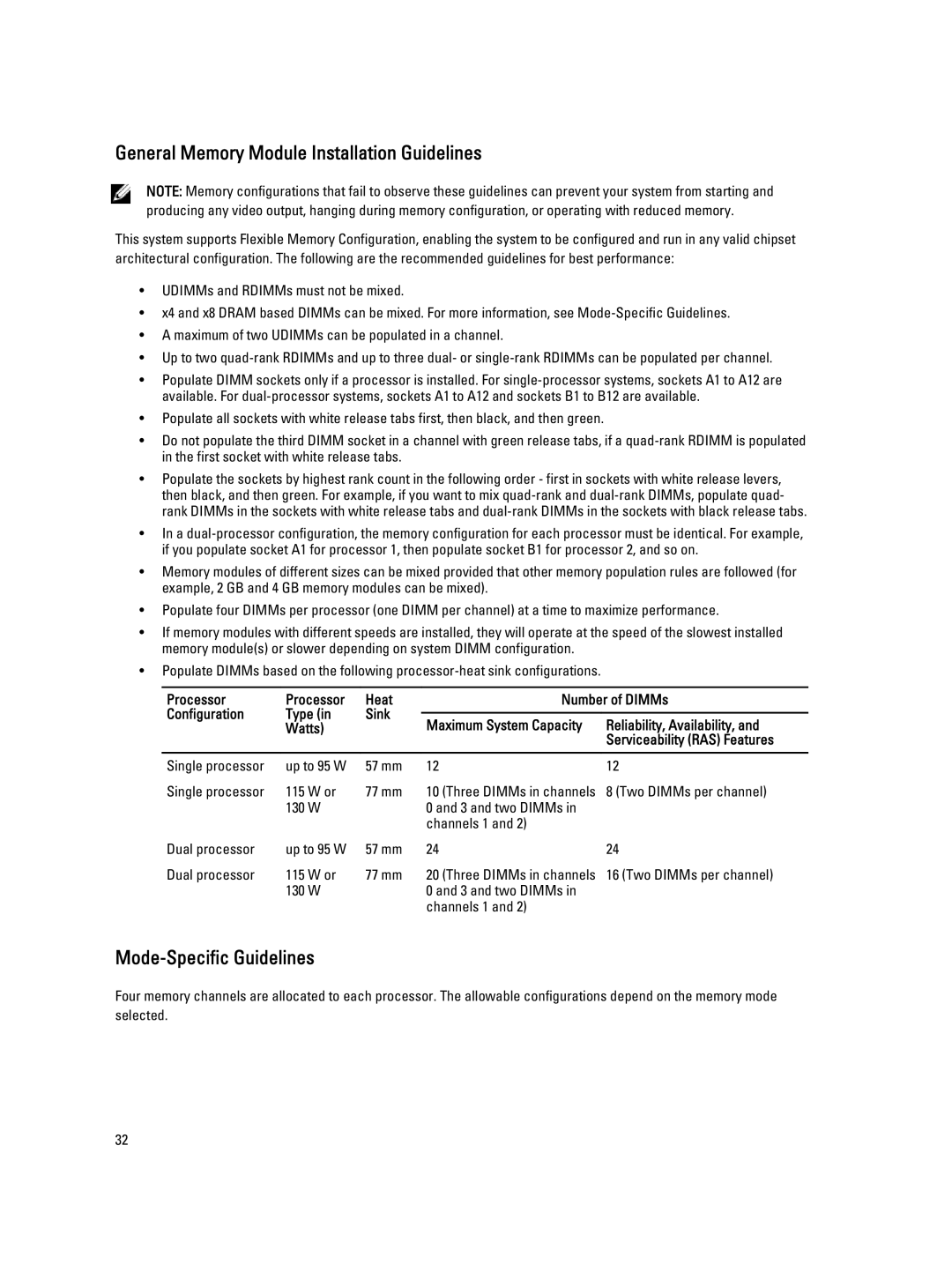 Dell M620 owner manual General Memory Module Installation Guidelines, Mode-Specific Guidelines, Reliability, Availability 