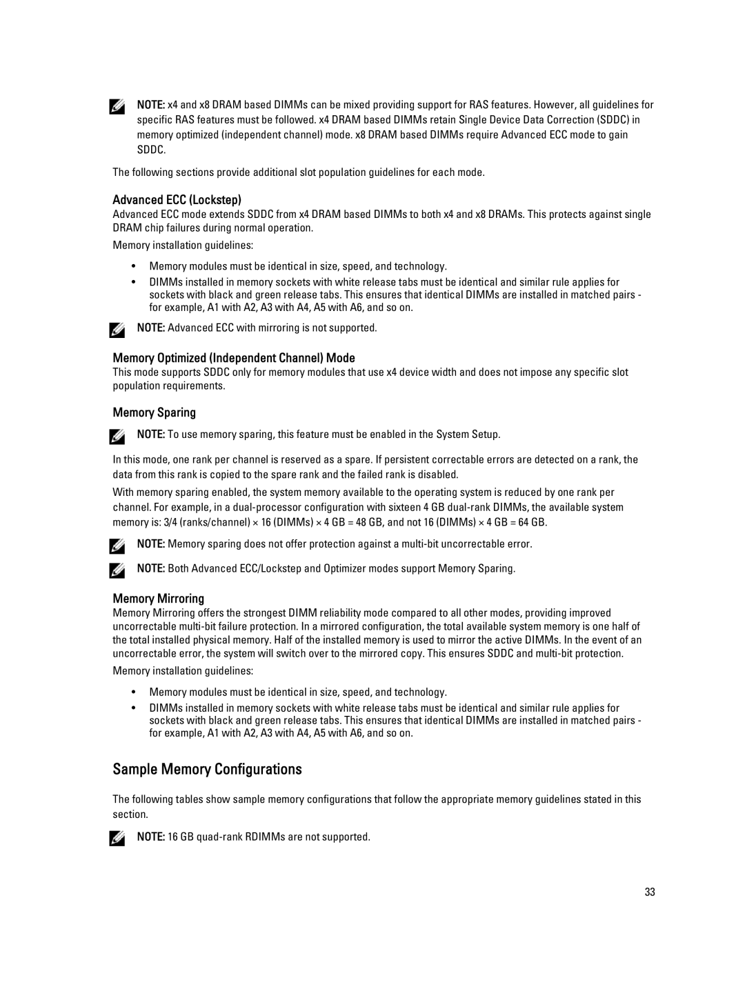 Dell M620 owner manual Sample Memory Configurations, Advanced ECC Lockstep 