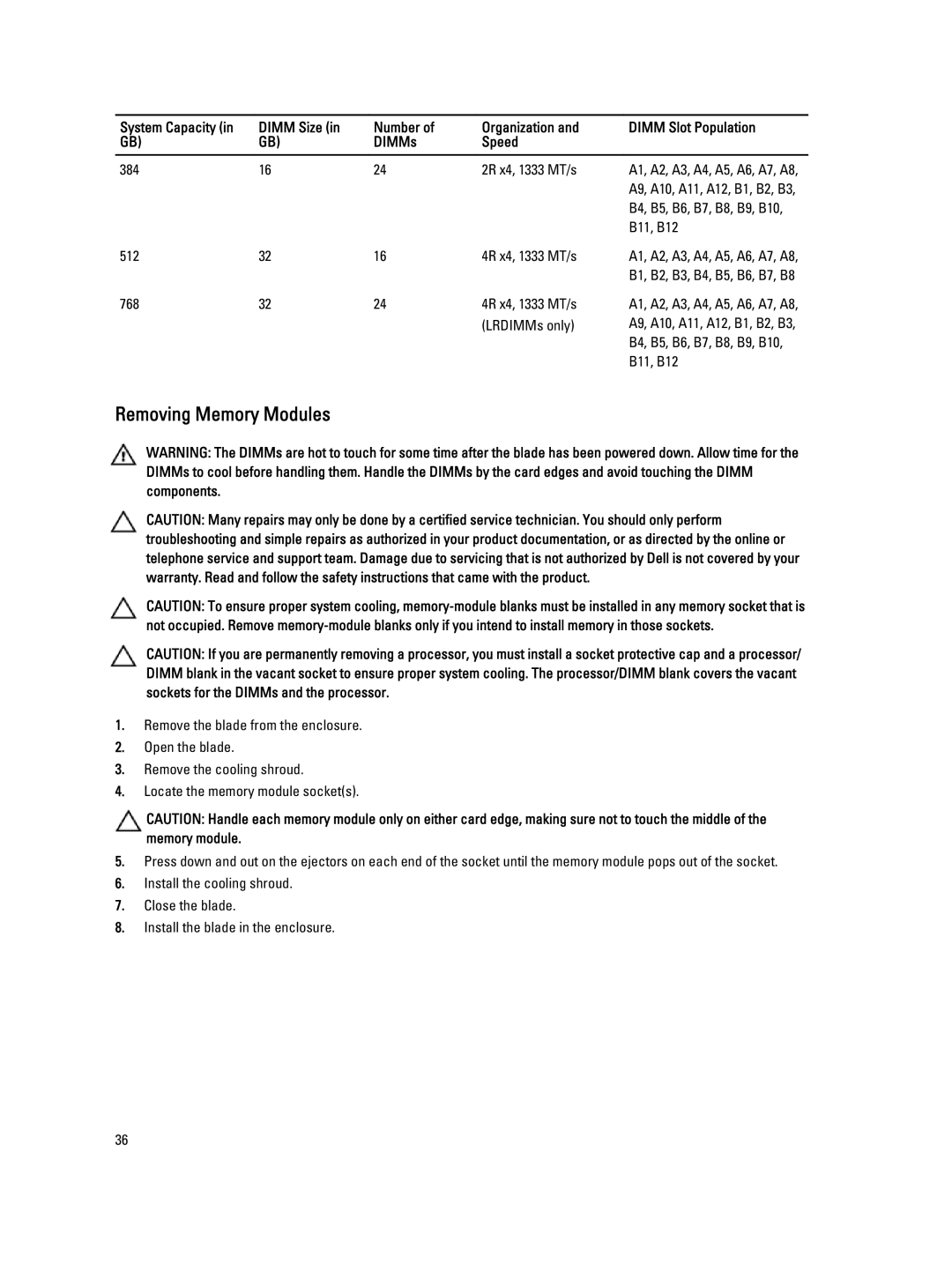 Dell M620 owner manual Removing Memory Modules 