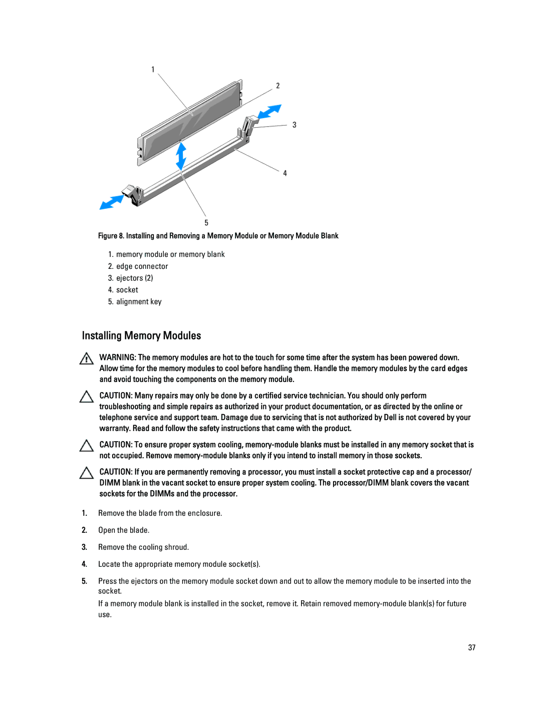 Dell M620 owner manual Installing Memory Modules 