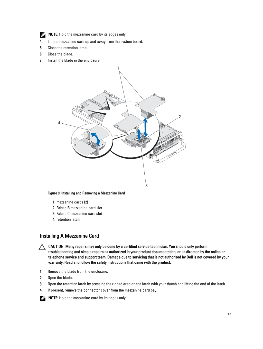 Dell M620 owner manual Installing a Mezzanine Card, Installing and Removing a Mezzanine Card 