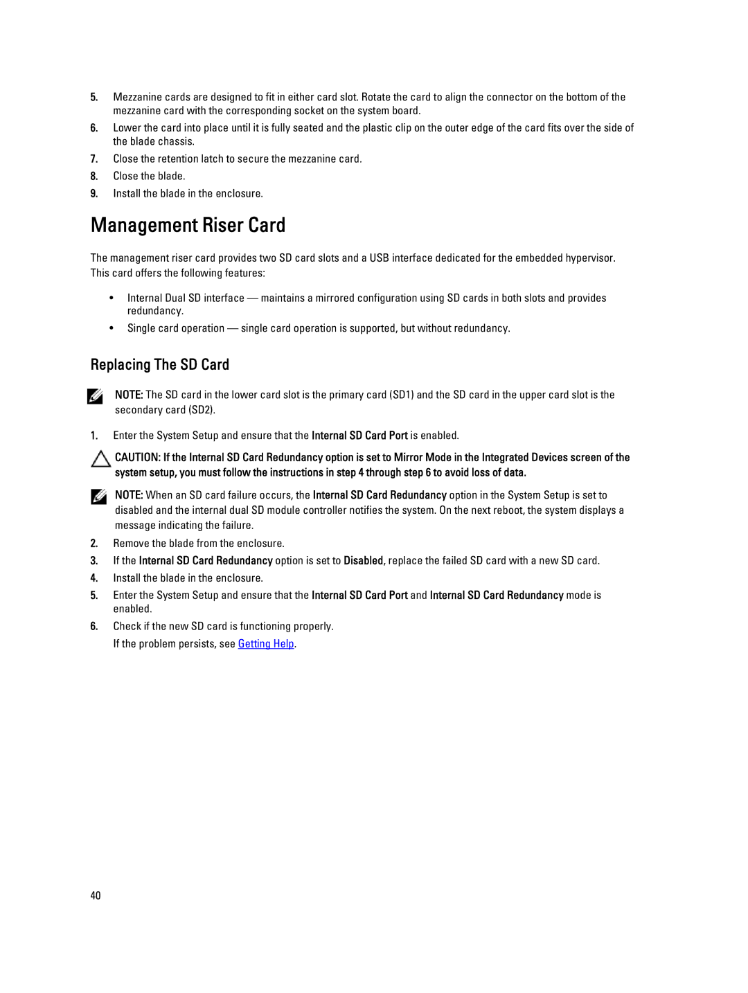 Dell M620 owner manual Management Riser Card, Replacing The SD Card 