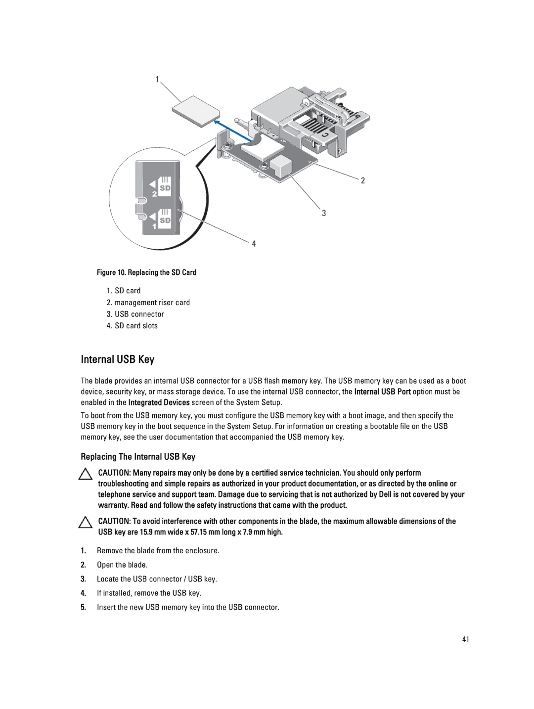 Dell M620 owner manual Replacing The Internal USB Key 