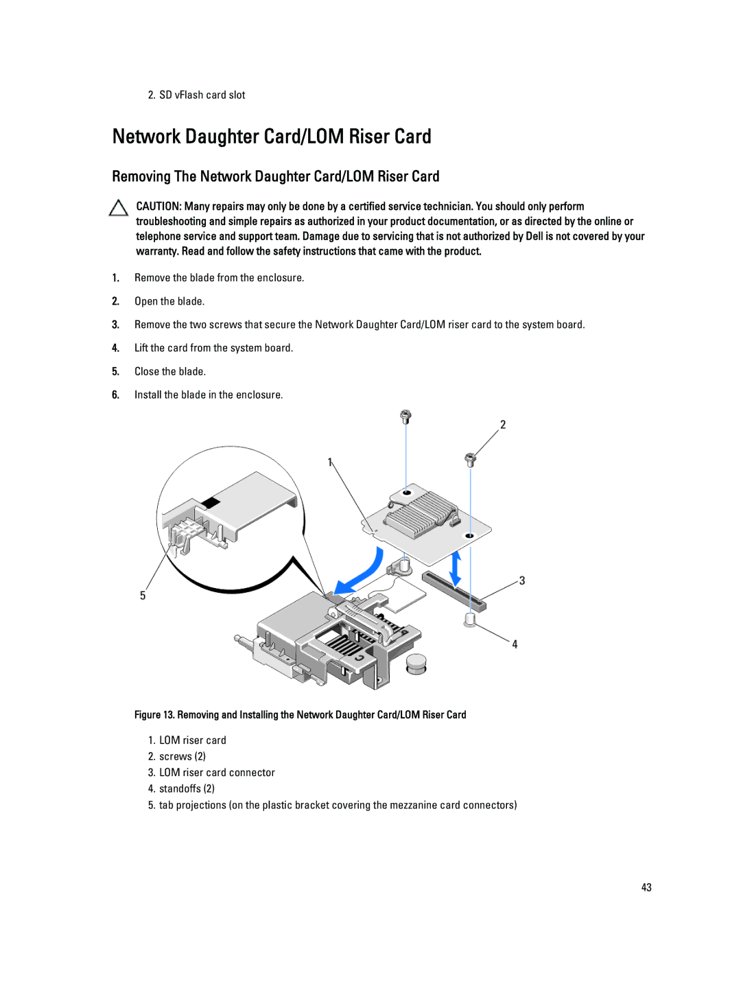 Dell M620 owner manual Removing The Network Daughter Card/LOM Riser Card 