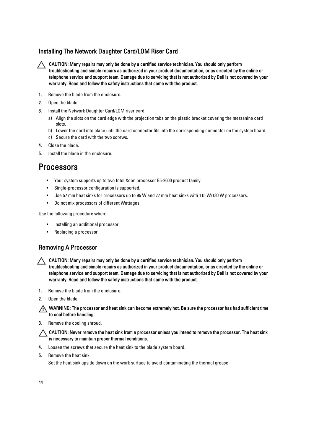 Dell M620 owner manual Processors, Installing The Network Daughter Card/LOM Riser Card, Removing a Processor 