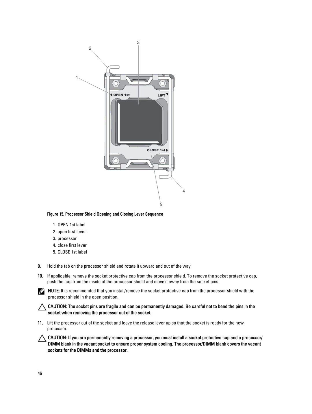 Dell M620 owner manual Processor Shield Opening and Closing Lever Sequence 