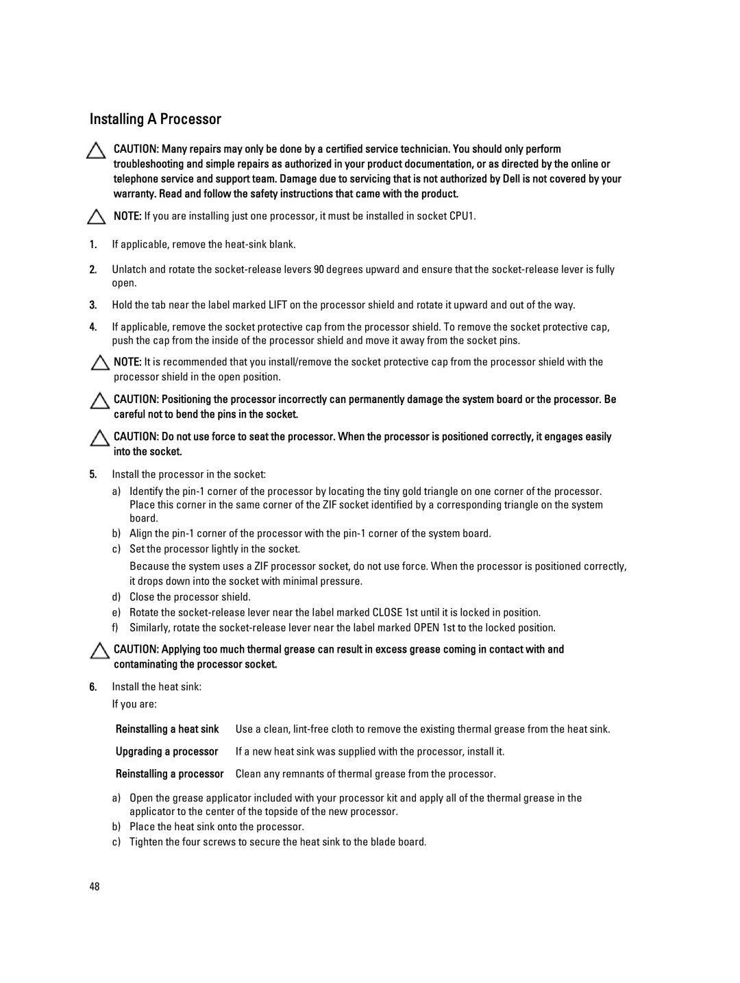 Dell M620 owner manual Installing a Processor 