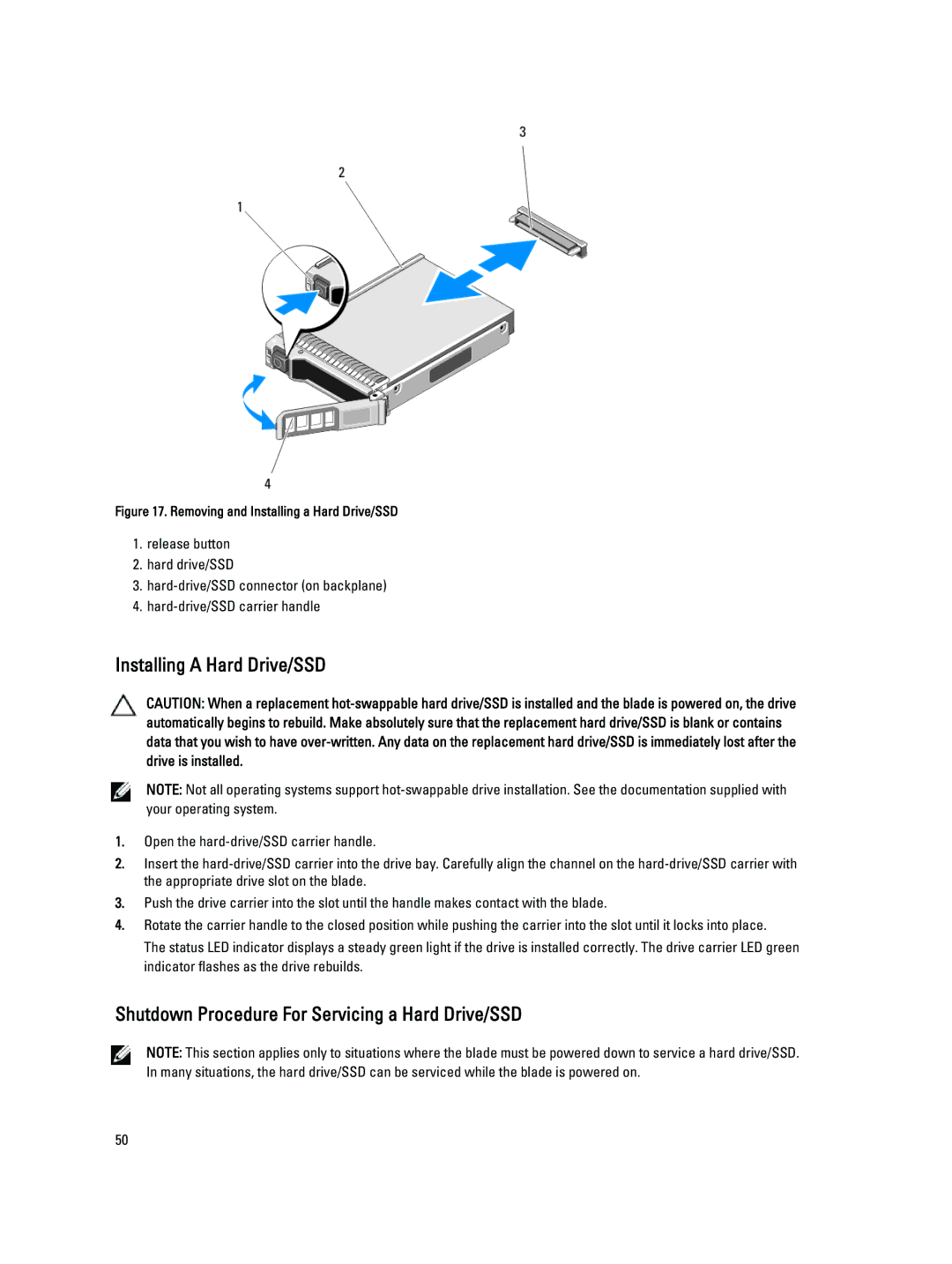 Dell M620 owner manual Installing a Hard Drive/SSD, Shutdown Procedure For Servicing a Hard Drive/SSD 