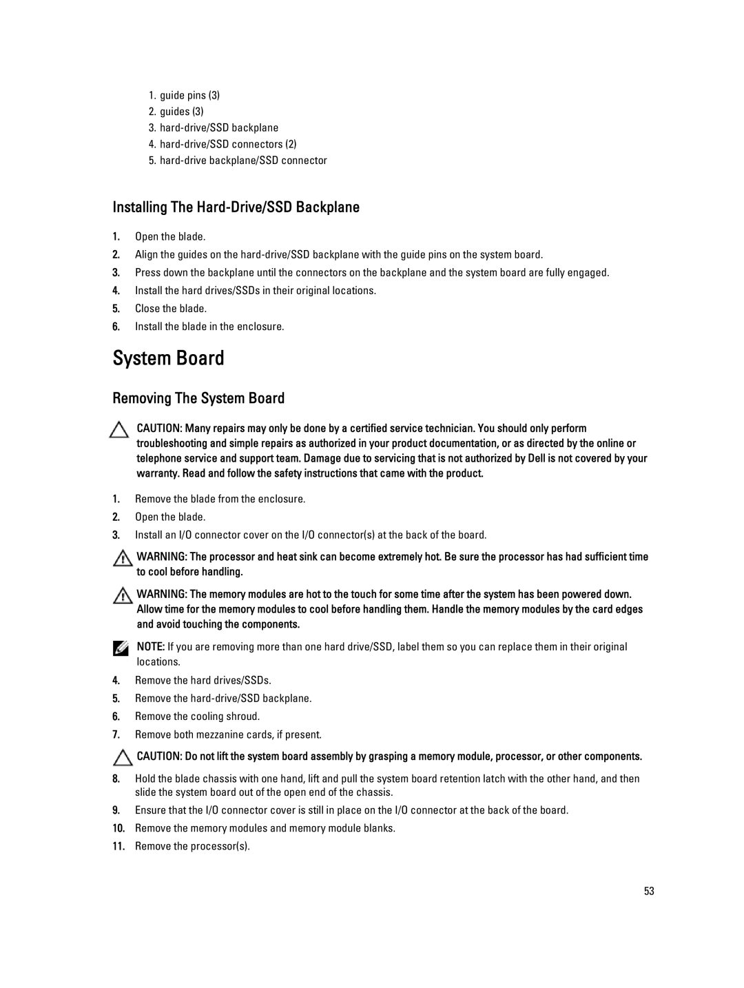 Dell M620 owner manual Installing The Hard-Drive/SSD Backplane, Removing The System Board 