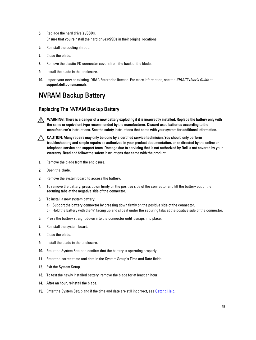 Dell M620 owner manual Replacing The Nvram Backup Battery 