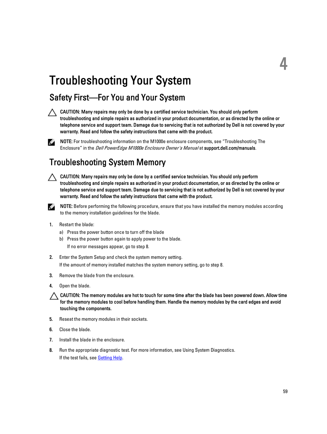 Dell M620 owner manual Troubleshooting Your System 