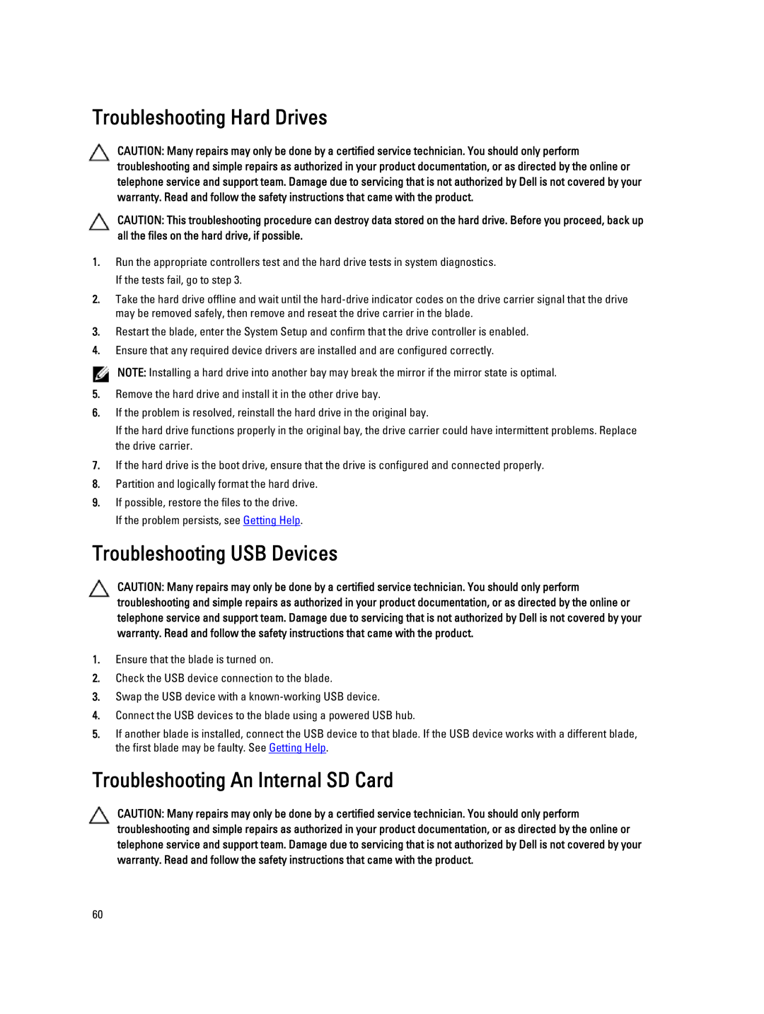 Dell M620 owner manual Troubleshooting Hard Drives, Troubleshooting USB Devices, Troubleshooting An Internal SD Card 