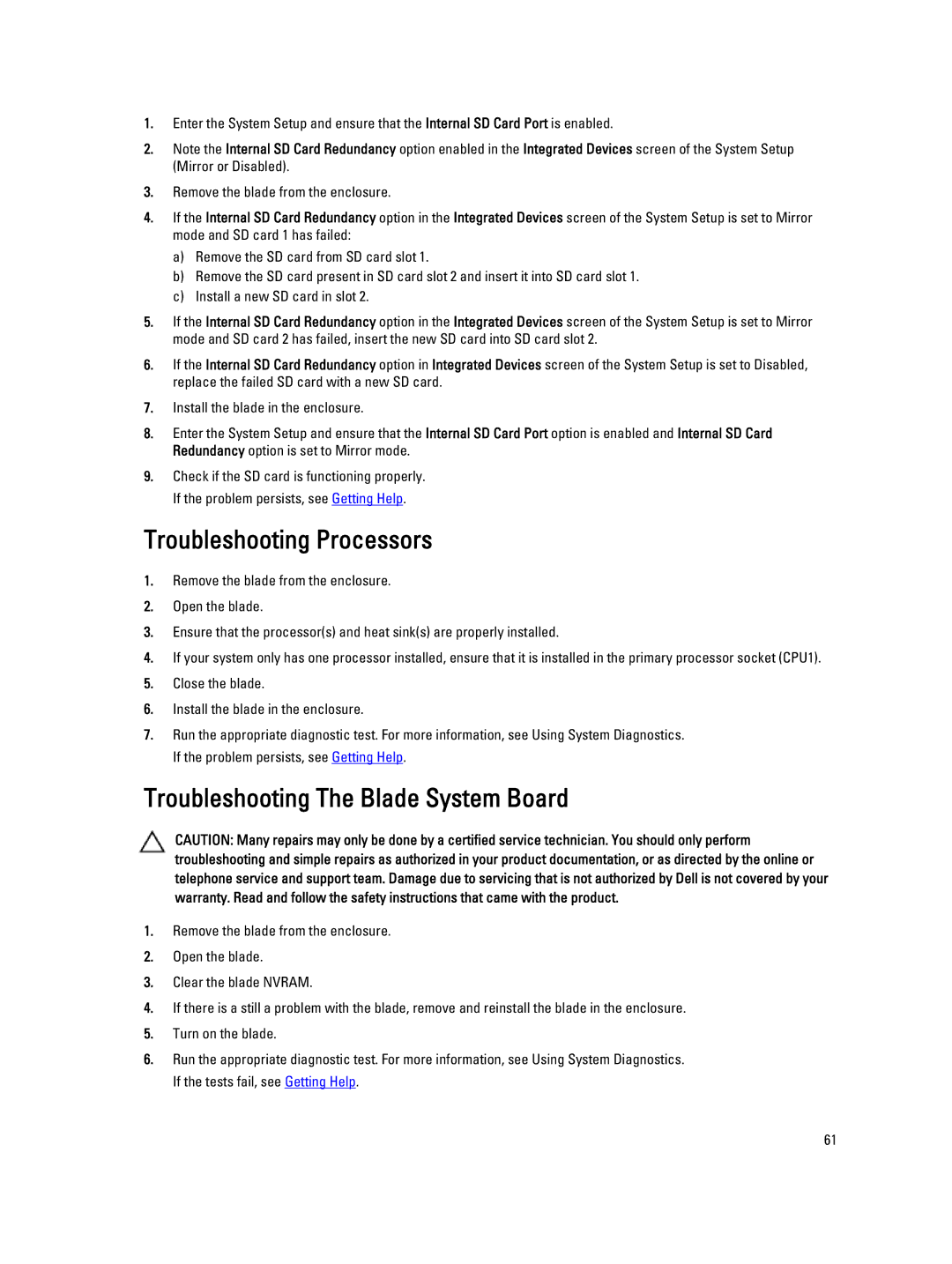 Dell M620 owner manual Troubleshooting Processors, Troubleshooting The Blade System Board 