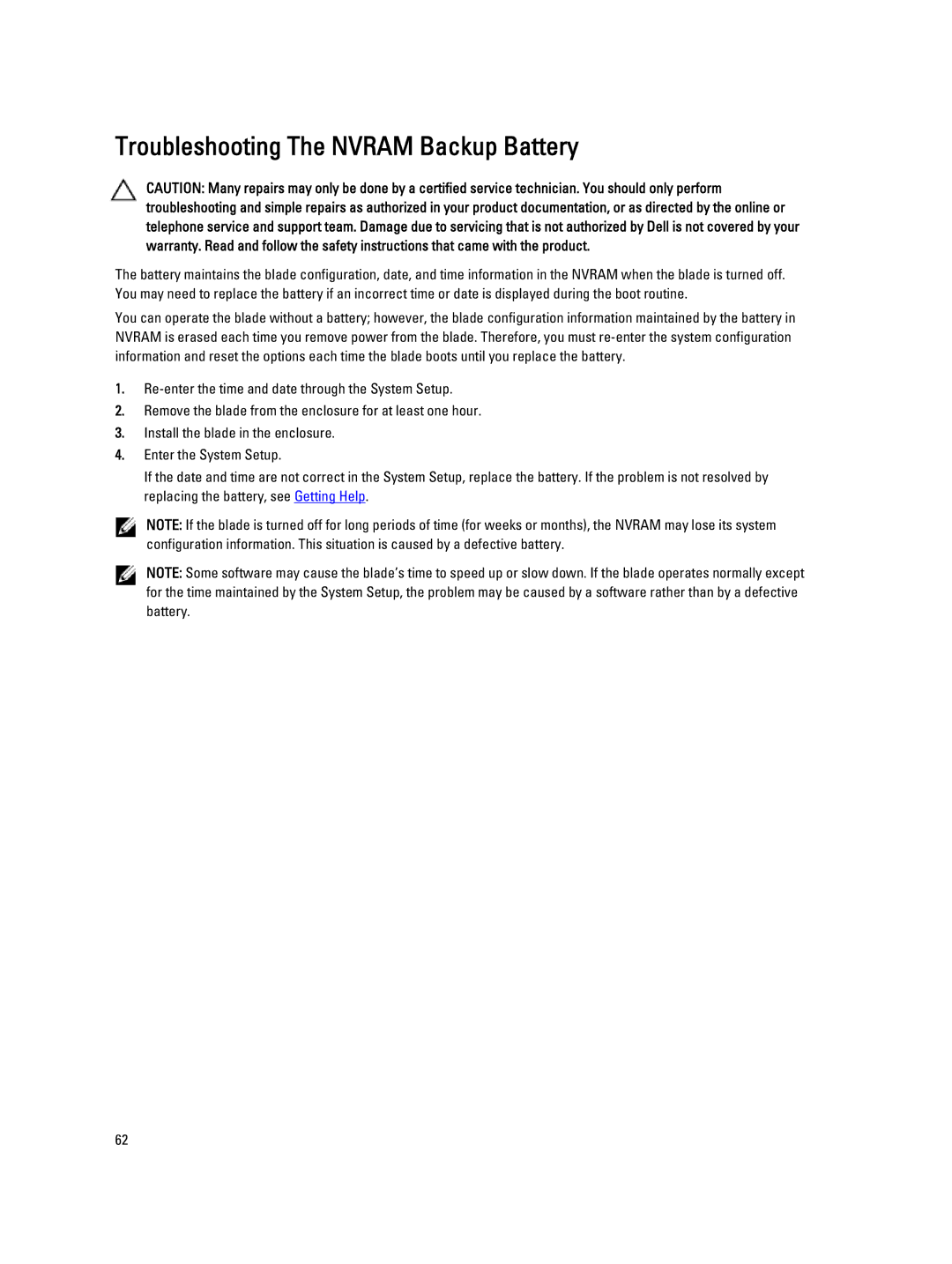 Dell M620 owner manual Troubleshooting The Nvram Backup Battery 