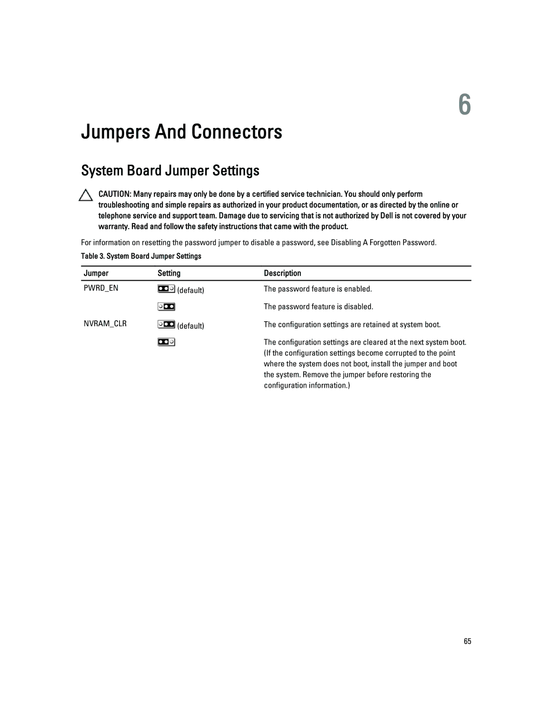 Dell M620 owner manual System Board Jumper Settings, Jumper Setting Description 