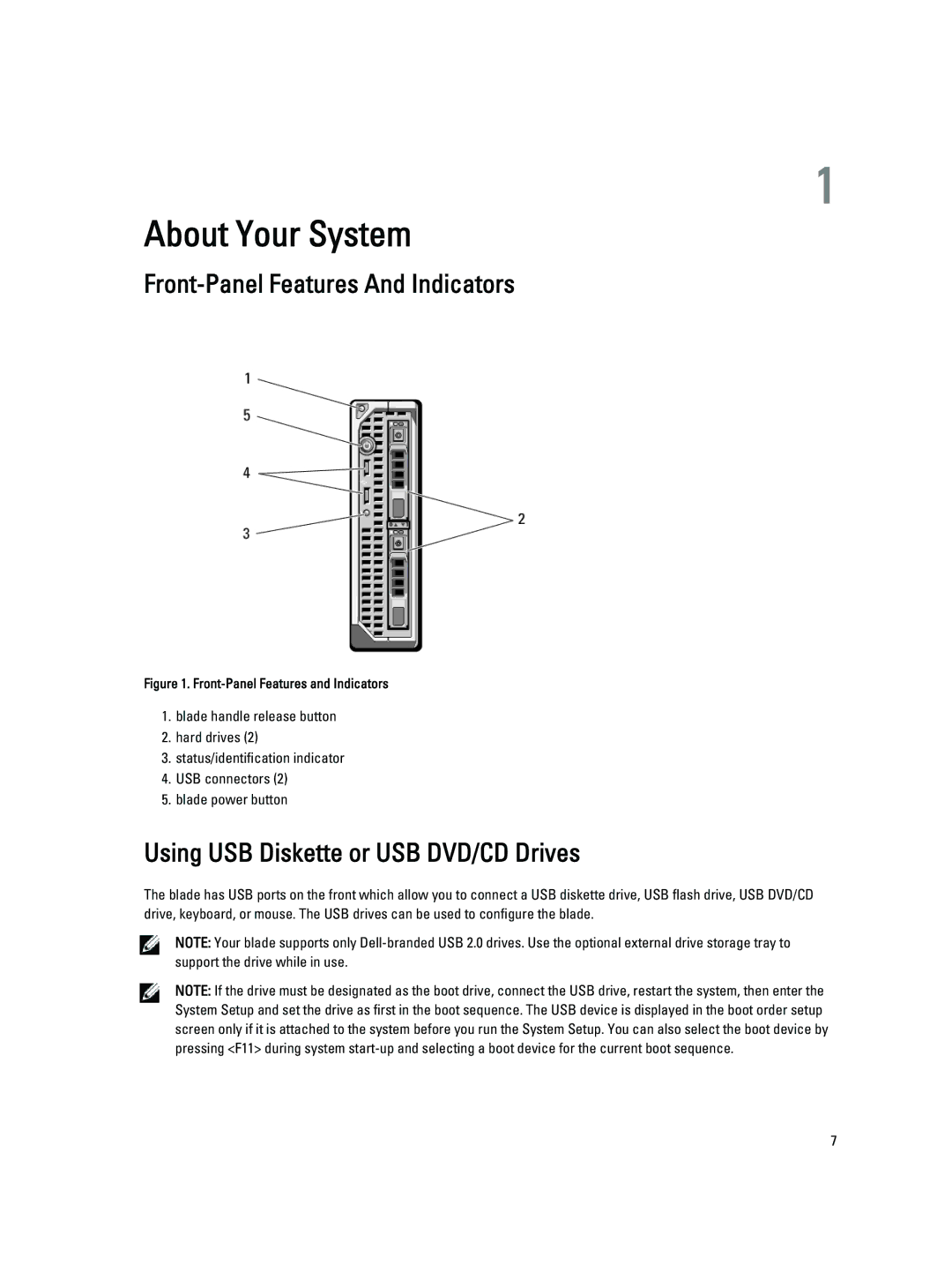 Dell M620 owner manual Front-Panel Features And Indicators, Using USB Diskette or USB DVD/CD Drives 