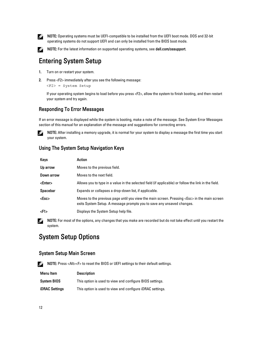 Dell M620 owner manual Entering System Setup, System Setup Options, Responding To Error Messages, System Setup Main Screen 