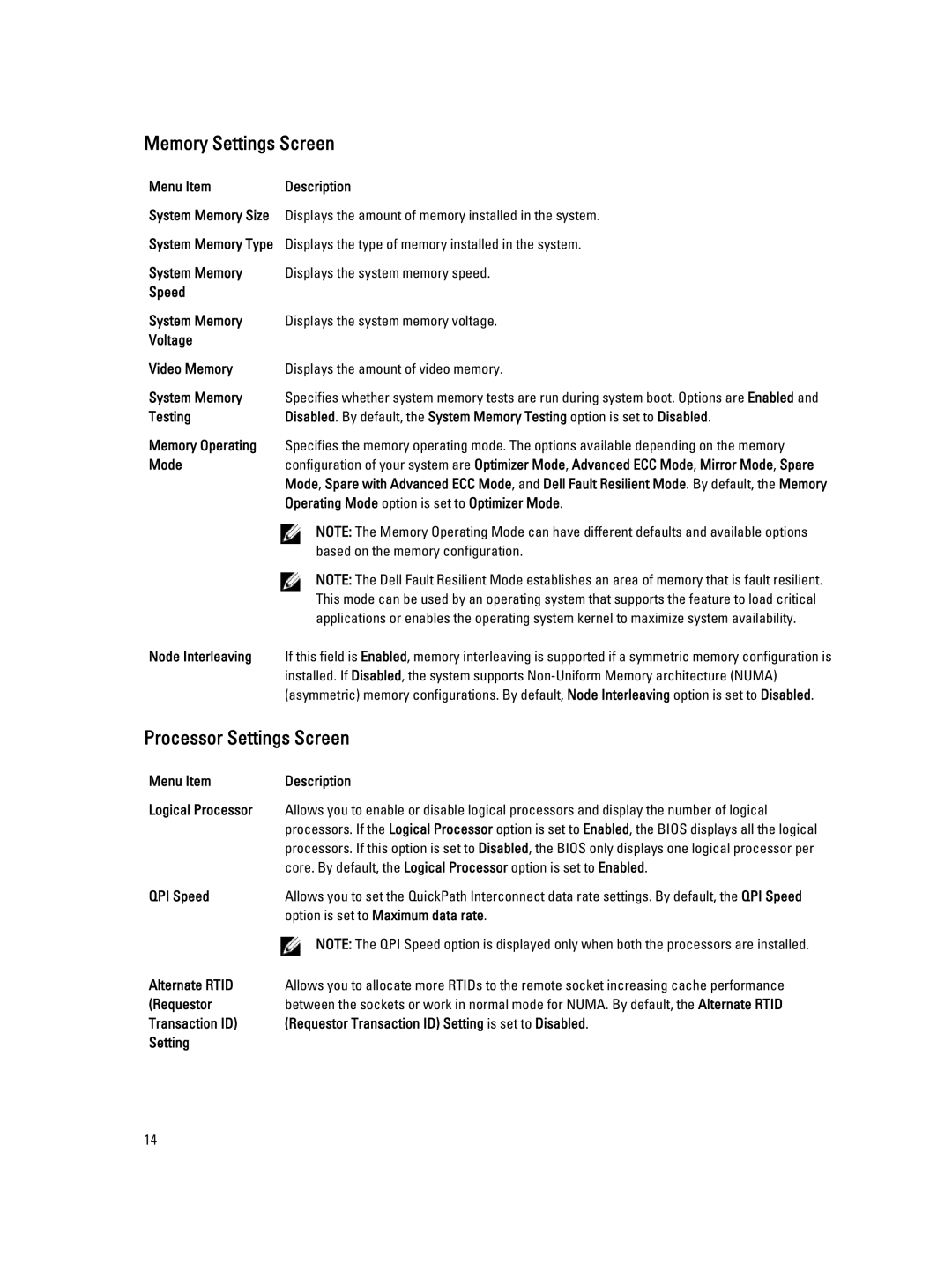 Dell M620 owner manual Memory Settings Screen, Processor Settings Screen 