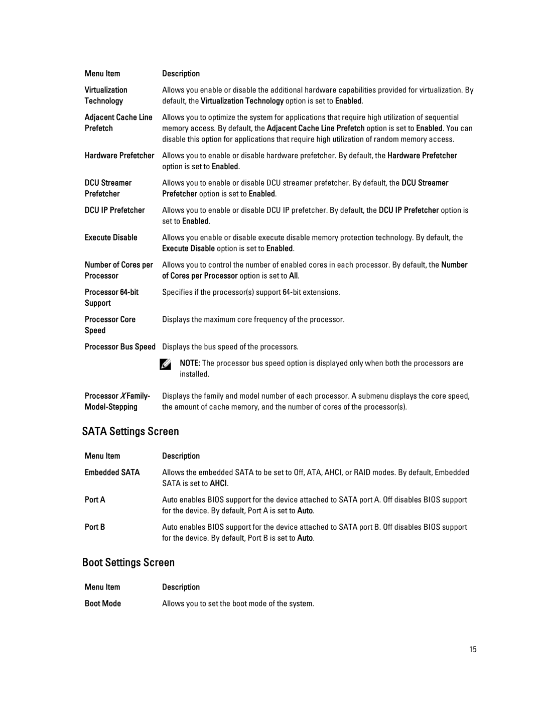 Dell M620 owner manual Sata Settings Screen, Boot Settings Screen 