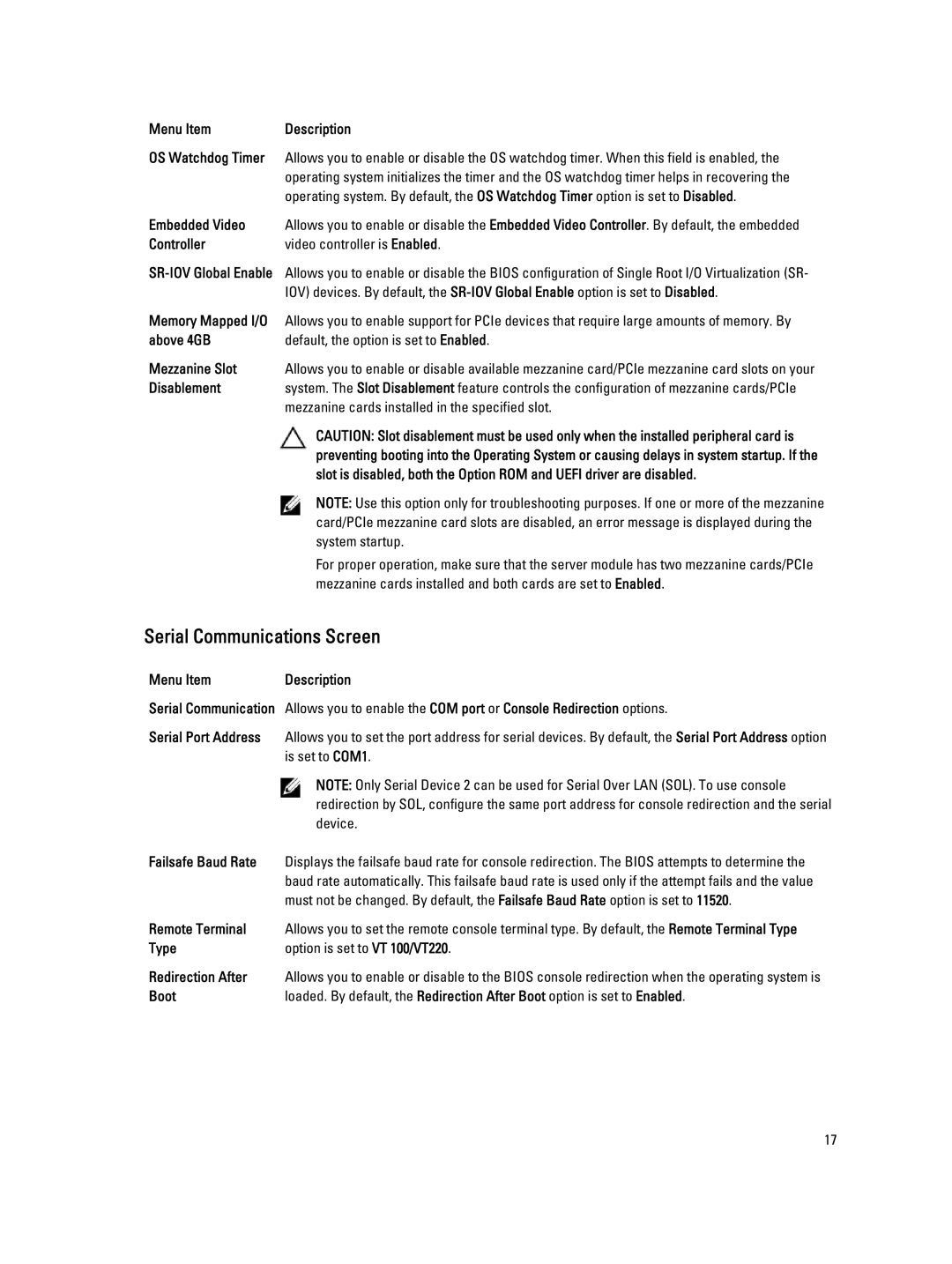 Dell M620 owner manual Serial Communications Screen 