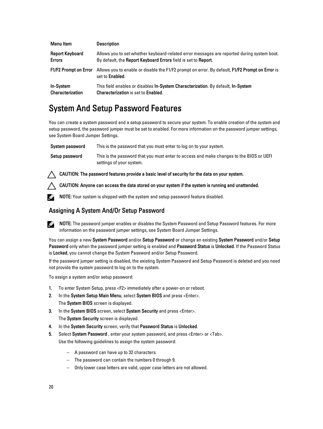 Dell M620 owner manual System And Setup Password Features, Assigning a System And/Or Setup Password 