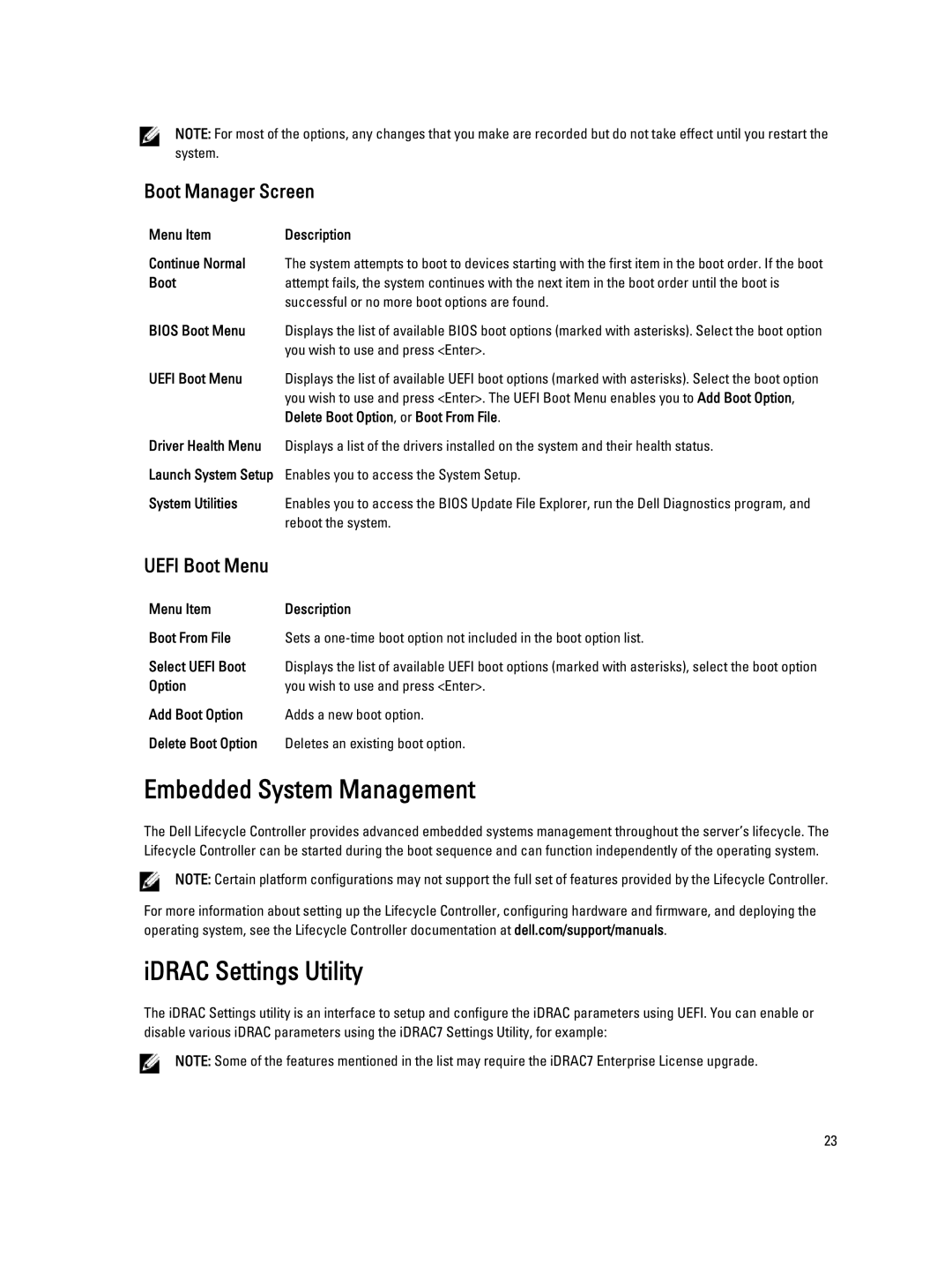 Dell M620 owner manual Embedded System Management, IDRAC Settings Utility, Boot Manager Screen 