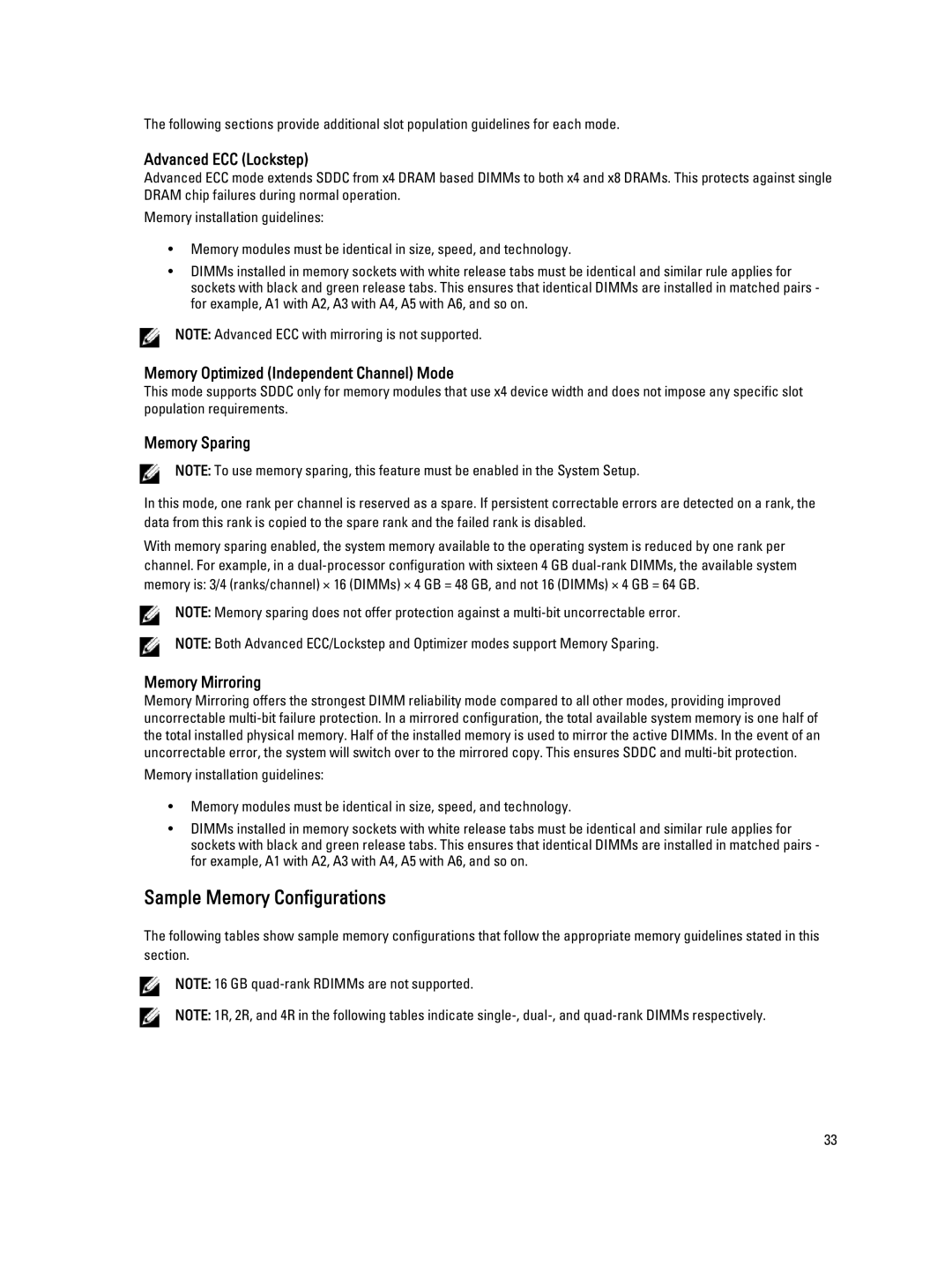 Dell M620 owner manual Sample Memory Configurations, Advanced ECC Lockstep 