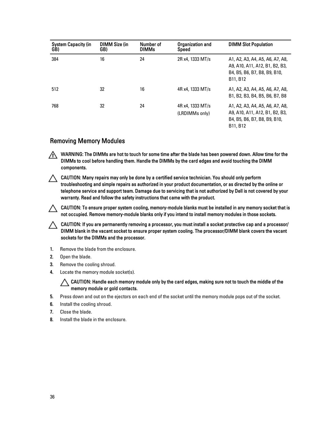 Dell M620 owner manual Removing Memory Modules 