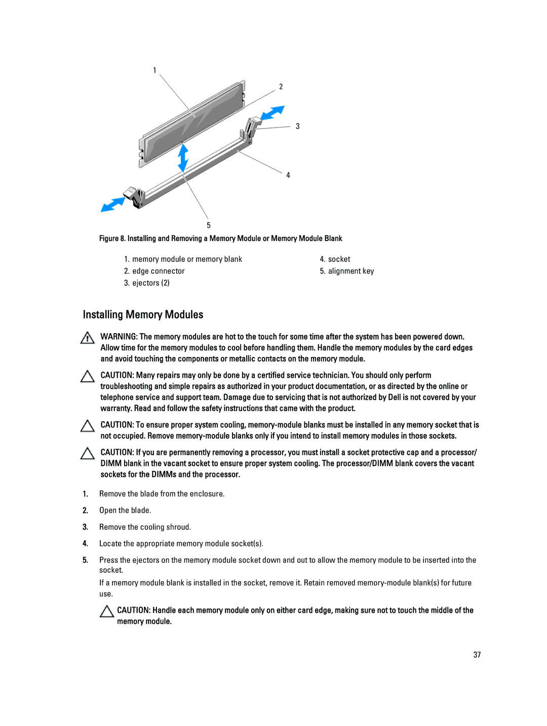 Dell M620 owner manual Installing Memory Modules 