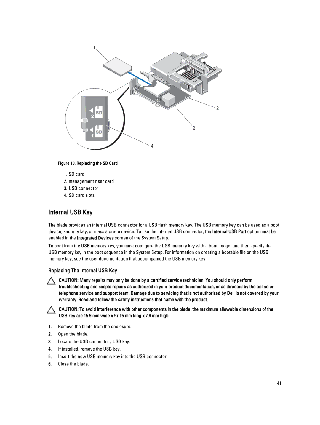 Dell M620 owner manual Replacing The Internal USB Key 