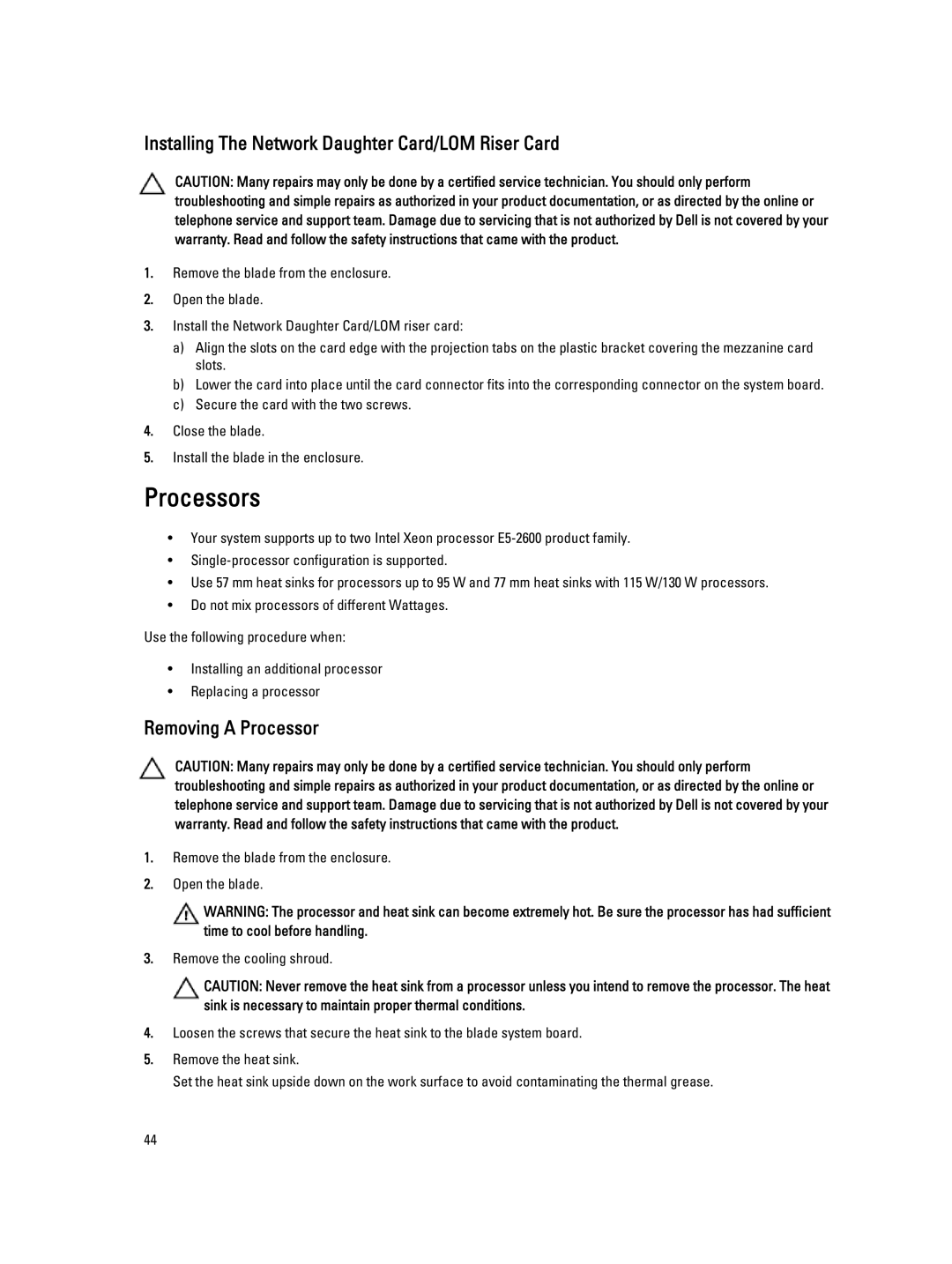 Dell M620 owner manual Processors, Installing The Network Daughter Card/LOM Riser Card, Removing a Processor 