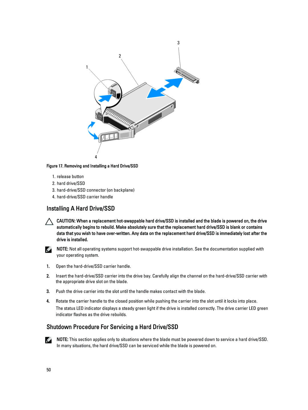 Dell M620 owner manual Installing a Hard Drive/SSD, Shutdown Procedure For Servicing a Hard Drive/SSD 