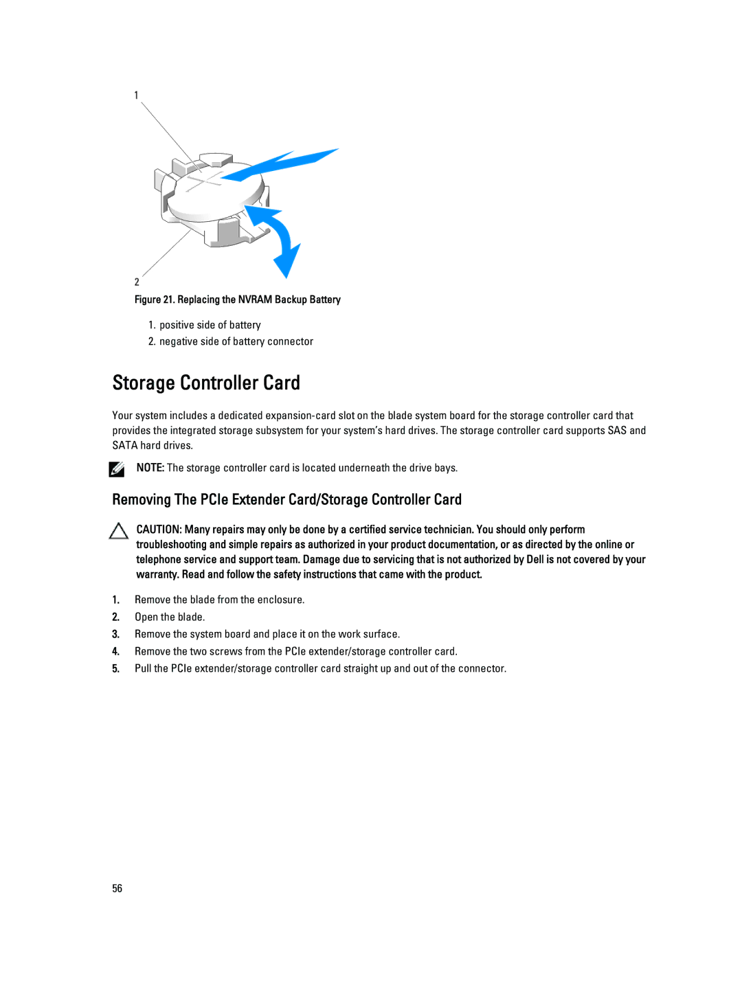 Dell M620 owner manual Removing The PCIe Extender Card/Storage Controller Card 