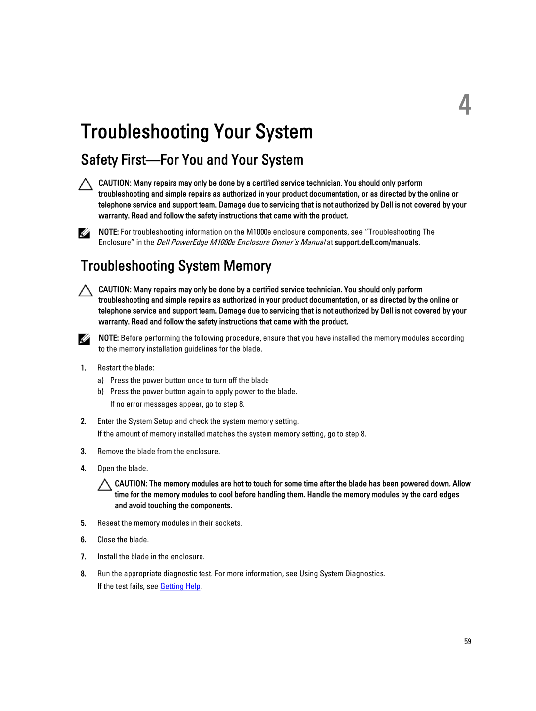 Dell M620 owner manual Troubleshooting Your System 