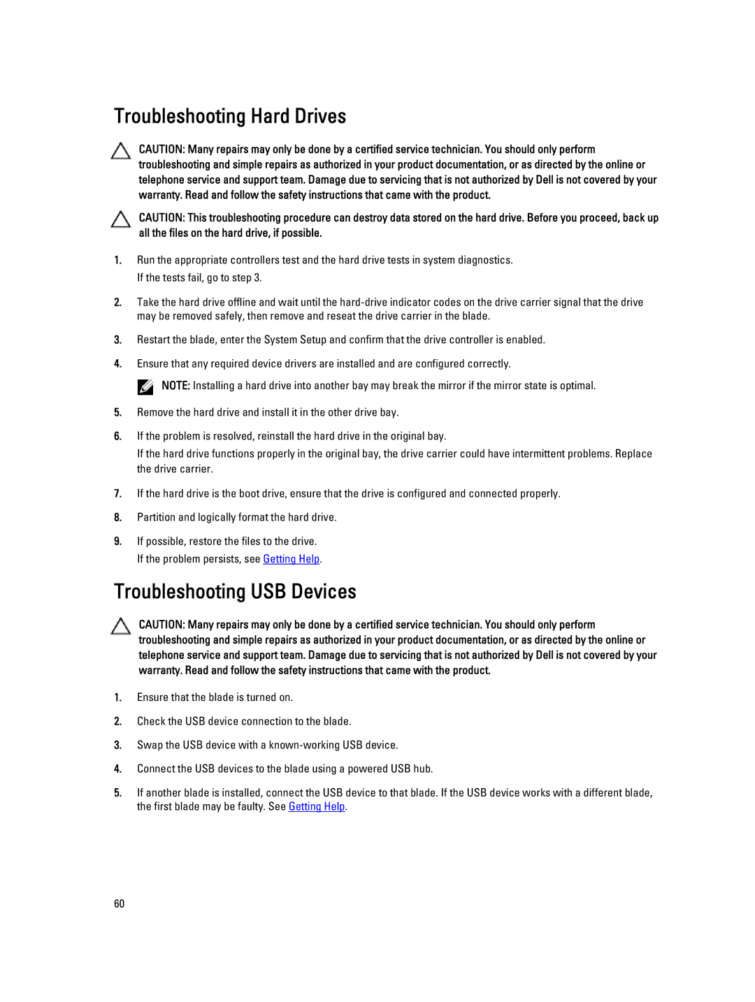 Dell M620 owner manual Troubleshooting Hard Drives, Troubleshooting USB Devices 