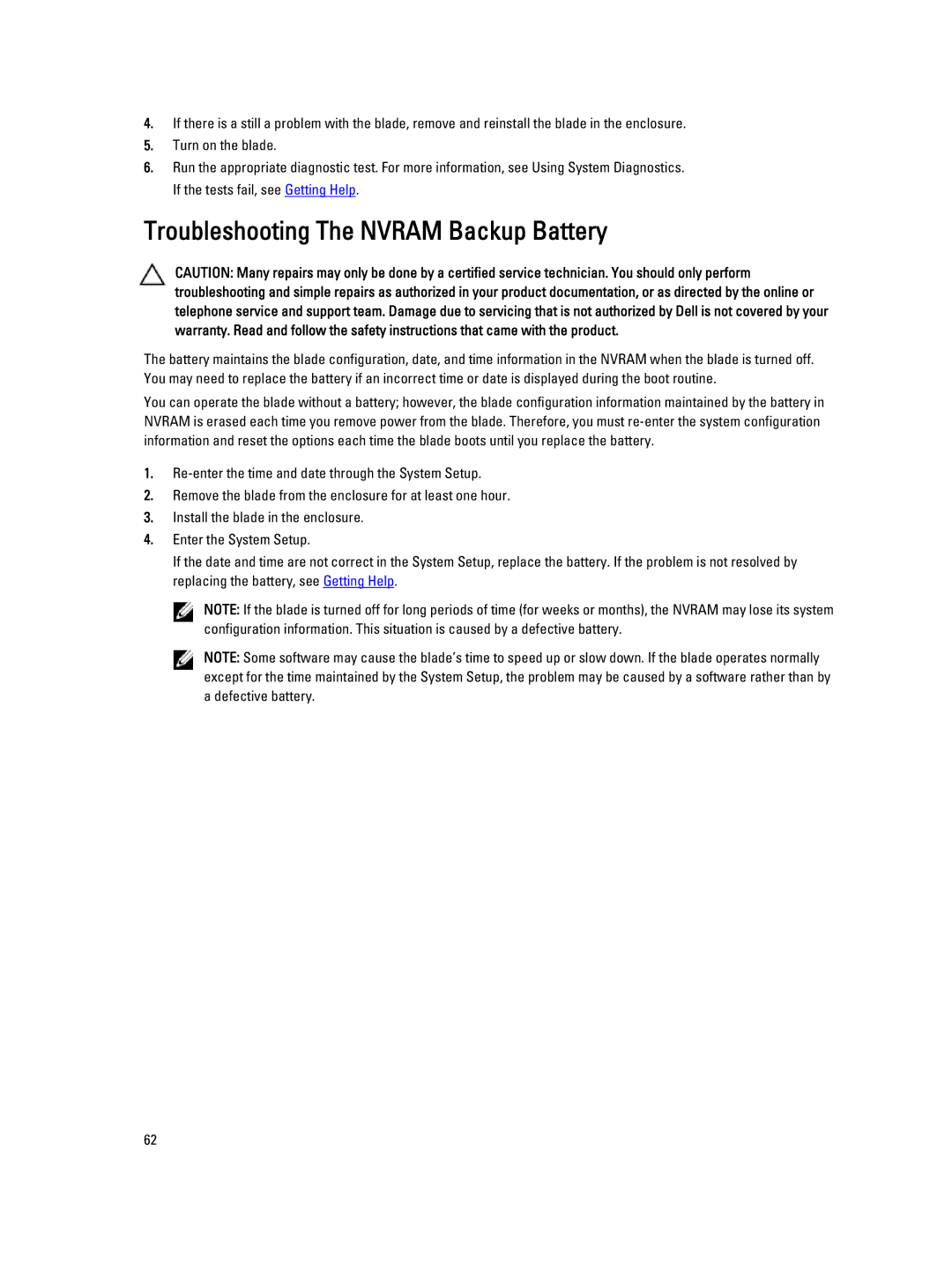 Dell M620 owner manual Troubleshooting The Nvram Backup Battery 