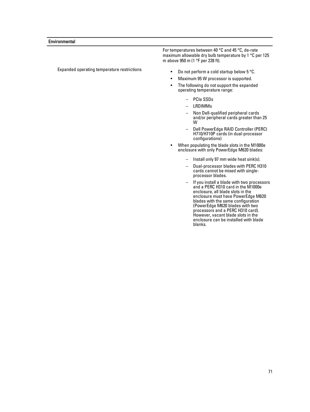 Dell M620 owner manual Operating temperature range 